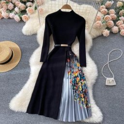 Robe pull épaisse à col ras du cou pour femme manches longues coutures élastiques impression de