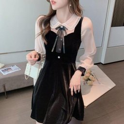 Robe de Soirée Élégante en Velours Noir Slim pour Femme Vêtement à la Mode Coréenne Col Montant