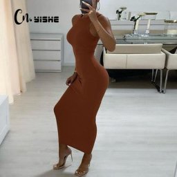 CNYISHE – robe longue moulante noire côtelée pour femme tenue de soirée Sexy col rond moulante