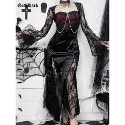 Goth Dark-Robe mi-longue en velours et dentelle pour femmes robes de soirée élégantes robes de