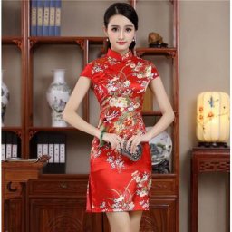 Mini Cheongsam Sexy pour Femme Robe de Soirée Qipao Rouge Fleur Mode Été Taille S M L XL