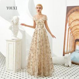 Robe de Soirée Longue à Paillettes et Perles Brillante Florale Col en V Ligne A Tenue de Bal
