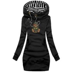 Sweat-shirt à capuche pour femmes Long imprimé ours avec cordon de serrage grandes poches style