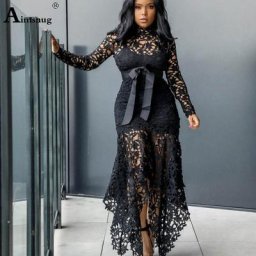 Robe longue en dentelle noire pour femmes robe de soirée sexy maille surdimensionnée batterie
