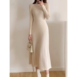 Robe de soirée mi-longue pour femmes Slim manches longues col mi-haut tricotée élégante pull