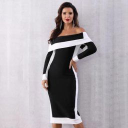 Robe de soirée mi-longue à manches longues pour femmes robe bandage noir blanc col slash