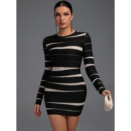 Robe noire à bandes pour femmes tenue de soirée élégante et sexy en maille de haute qualité à la