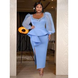 AOMEI-Robe longue bleue pour femme sexy perlée manches longues lanterne transparente péplum