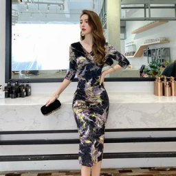 Robe de soirée mi-longue en velours pour femmes élégante imprimée serrée aux hanches vêtements