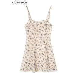 Mini robe à bretelles spaghetti à imprimé floral français rétro corset sexy bandage laçage de la