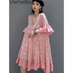 Veadissa – robe ample mi-longue en mousseline de soie manches courtes col en v fleurs cassées