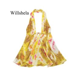 Willshela-Mini robe à lacets dos nu pour femmes imprimé vintage col licou fibres chic mode
