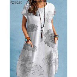 ZANZEA-Robe Mi-Longue à Manches Courtes pour Femme Kaftan Imprimé Baggy Éducatif Floral Soirée