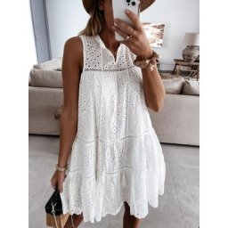 Foridol-Robe courte en dentelle blanche sans manches pour femme tenue de plage décontractée forme