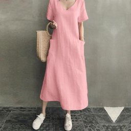 ZANZEA-Robe maxi en coton et lin pour femme vintage couleur unie manches courtes col en V été