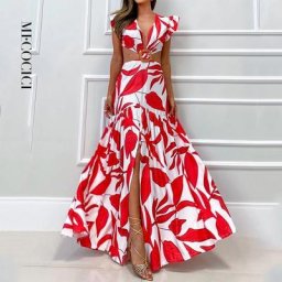 MECOCICI-Robe Maxi pour Femme Sexy Mode Taille Fuite Col en V Dos aux Papillon Manches