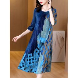 Robe Midi en soie naturelle à imprimé bleu pour femmes tenue de soirée élégante taille ample