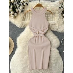 Robe d'été à lacets pour femmes col licou Sexy Bandage Slim plage Streetwear coréen tricoté
