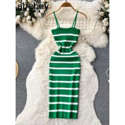 Robe longue en tricot à rayures pour femmes bretelles élastiques taille basse fendue dos nu