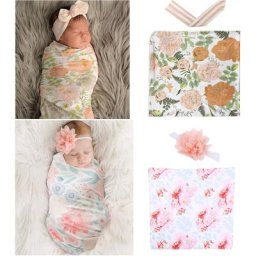 2 Pcs Newborn Floral Swaddle Wrap+ Headband Set Baby Cotton Receiving Blanket Sleeping Bag Hair Band