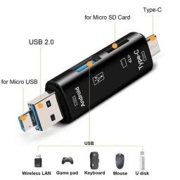 Lecteur de cartes mémoire 5 en 1 multifonction Usb 2.0 Type C/Usb /Micro Usb/Tf OTG adaptateur de