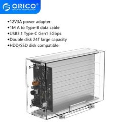 ORICO HDD Enclosure Transparent Series Dual-Bay 3.5 '' Type-C Portable Hard Drive Enclosure Externe