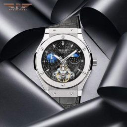 PINDU-Montre-bracelet mécanique en cuir pour homme design décontracté phase lunaire affaires