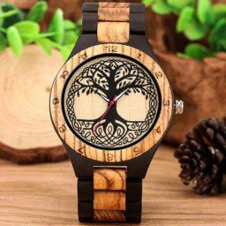 Montre-bracelet en bois de zèbre pour homme motif d'arbre de vie échelle de cadran chiffres