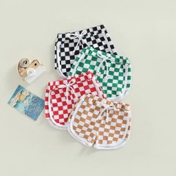 Short d'été pour bébés garçons et filles 4 couleurs imprimé damier taille élastique cordon de