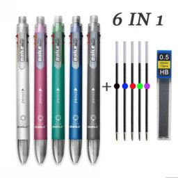 Stylo à bille multifonction 6 en 1 5 couleurs 0.5mm crayon automatique caoutchouc fournitures