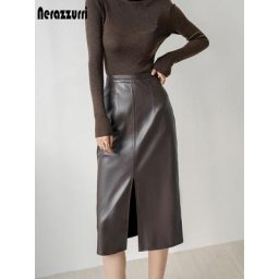 Nerazzurri-Jupe Midi en Cuir PU pour Femme Marron Doux Fente Avant Taille Haute Vêtements de