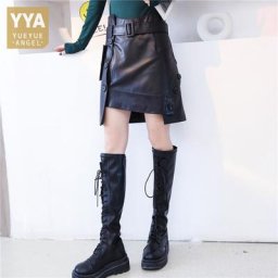 Mini jupe asymétrique de printemps pour femmes ceinture taille haute boutons de motard en peau de