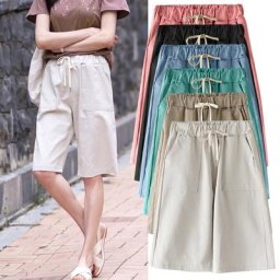 Bermuda d'été en coton pour femmes jambes larges loisirs grande taille taille élastique avec