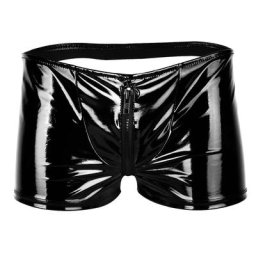 Boxer en cuir verni métallisé brillant pour hommes lingerie noire fermeture éclair poudres