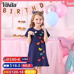 VIKITA – robe en coton pour filles vêtements d'été décontractés à manches courtes pour enfants en