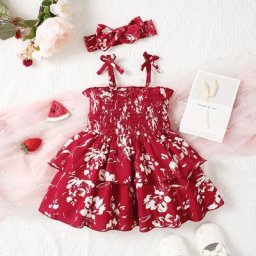 Robe de princesse pour nouveau-né fille tenue d'été rouge à deux couches avec nœud et imprimé