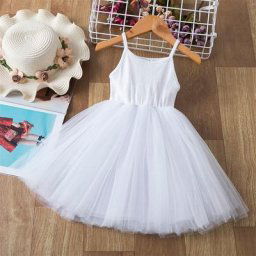 White Girls Tulle Dress Sling Children Casual Clothing Summer Fashion Kids Girl Clothes 3 6 8 Years