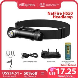 NATFIRE – lampe frontale HS50 Rechargeable par USB lumière forte à LED torche 18650 avec queue