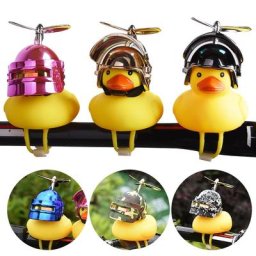 Sonnette de vélo petit canard jaune avec casque et hélice 2 modes d'éclairage jouet en caoutchouc