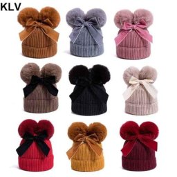 Chapeau tricoté à Double pompon pour bébé fille Bonnet chaud plus épais pour enfant de 6 mois à 3