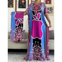 Robe Africaine Longue à Manches Courtes pour Femme Imprimé Dashiki Élégante Kaftan Musulman Été