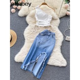 Ensemble deux pièces en Denim pour femmes Sexy asymétrique épaule dénudée haut court + jupe