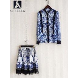 AELESEEN-Ensemble deux pièces pour femme chemise bleue en porcelaine jupe patchwork en dentelle à