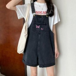 Salopette d'Été en Jean pour Femme Short Noir Brodé de Papillon Style Coréen Pantalon Baggy