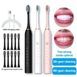 Brosse à dents électrique sonique étanche pour adulte Charge USB 6 vitesses blanchiment