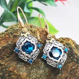 Boucles d'oreilles Vintage carrées en pierre bleue Boho pour femmes ton ethnique antique gravure