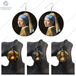 SOMESOOR-Boucles d'Oreilles Pendantes en Bois pour Fille Vintage Mona Lisa Peinture Artistique