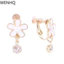 WENHQ-Boucles d'oreilles à clip en forme de fleur pour femmes et petites filles manchette en émail