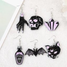 Boucles d'Oreilles Pendantes d'Halloween pour Femme Punk Noir Artisanat de Sorcières Tête de