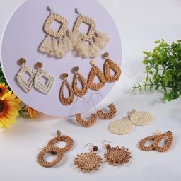 Boucles d'Oreilles Bohémiennes en Rotin et Bambou pour Femme Bijoux de Personnalité Rétro Exagérés